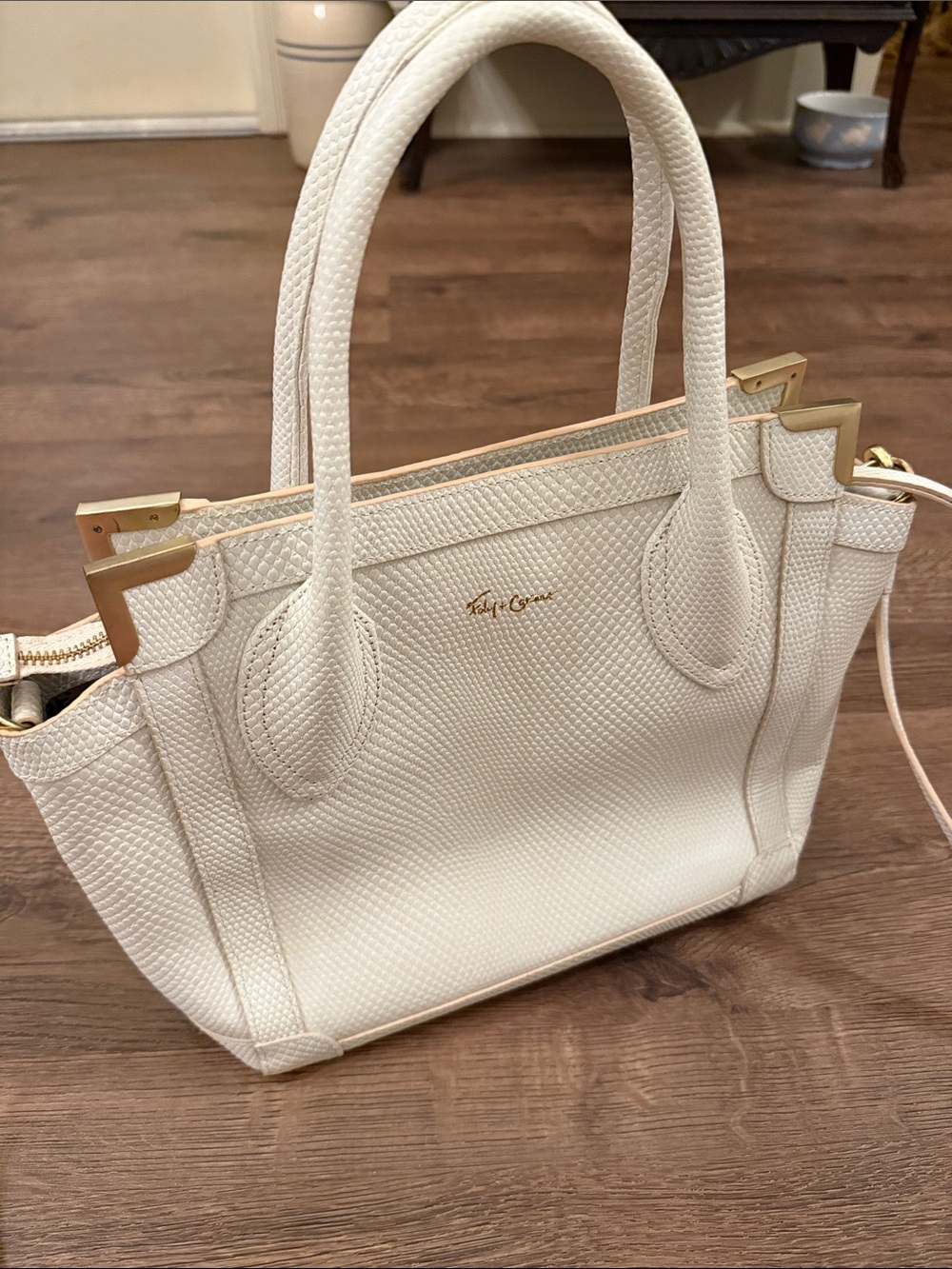 Foley + Corinna Mini Shopper Ivory Textured Tote with Gold Accents